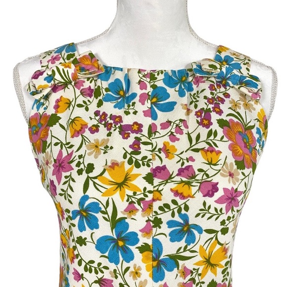 Vintage 60s David Crystal Floral Dress Suit Set S Ivory Pink Blue Yellow Green - Picture 7 of 13